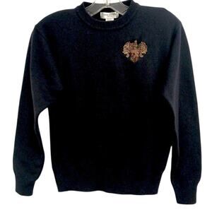 Y2K Jones New York Sweater Sz P/S Black Lambs Wool Crest Embroidered Long Sleeve